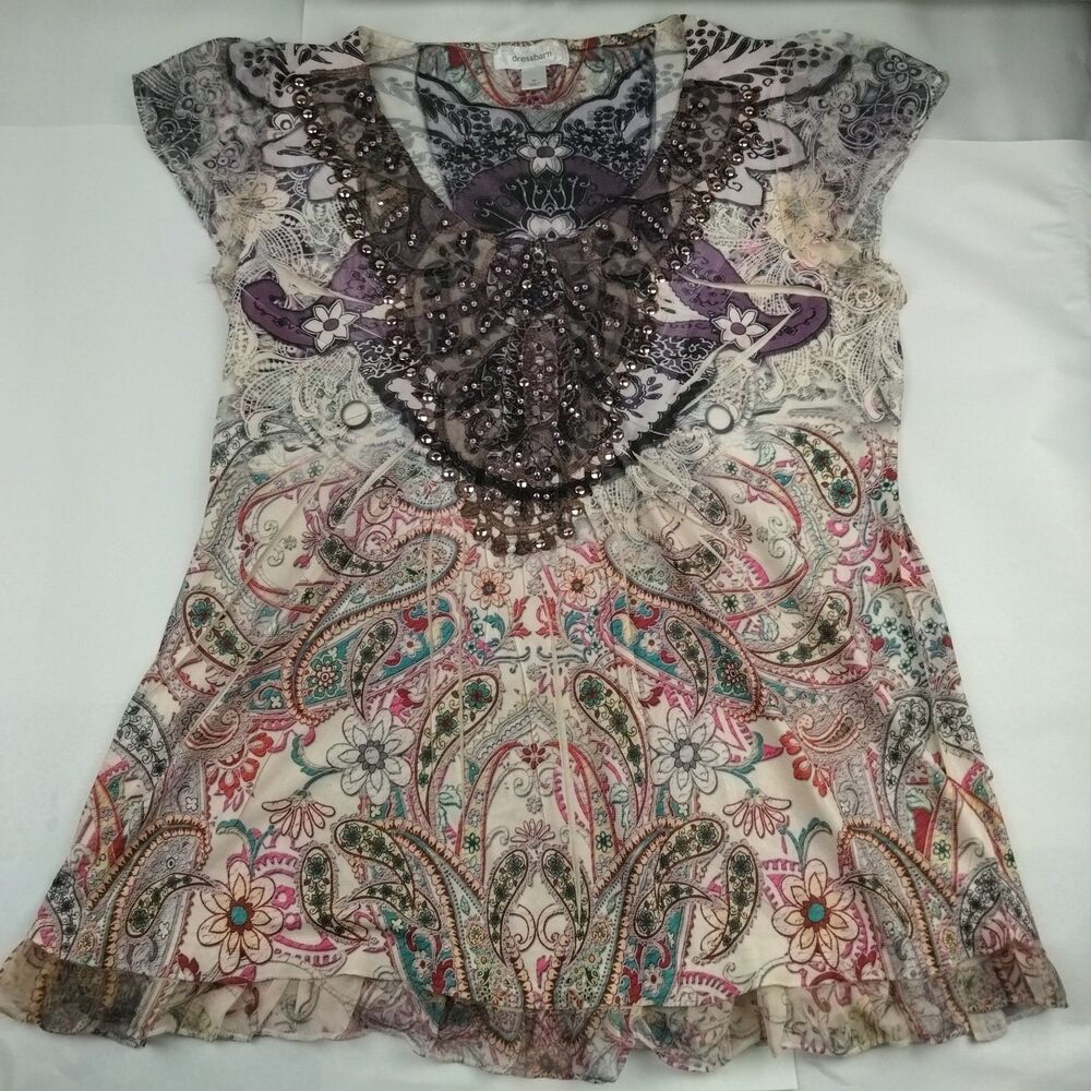 Dressbarn Top Y2K Floral Embellished Shirt Forest Fairy Boho Paisley Womens M